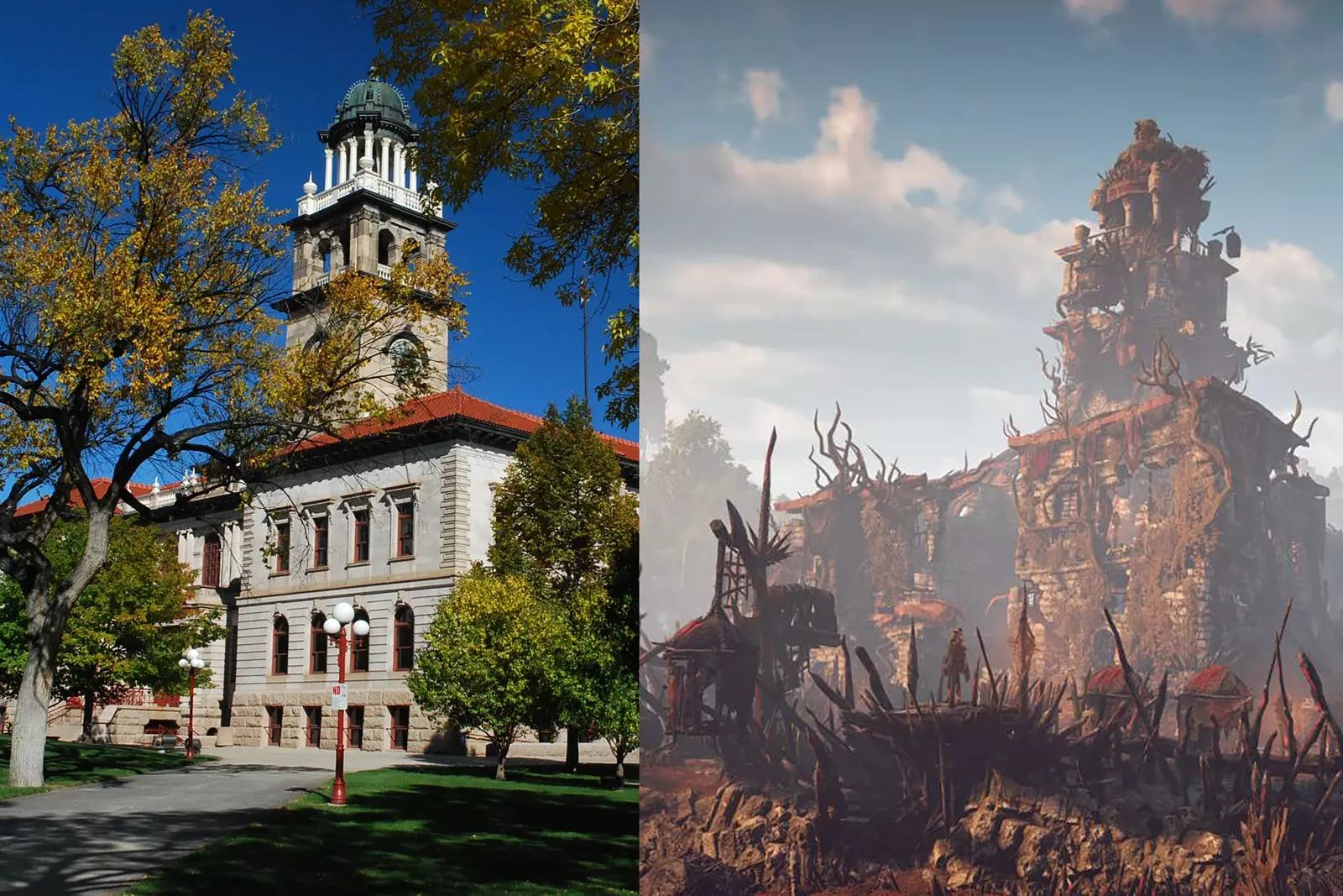 Sur la gauche le Colorado Springs Pioneers Museum. A droite ses ruines dans 'Horizon Zero Dawn.