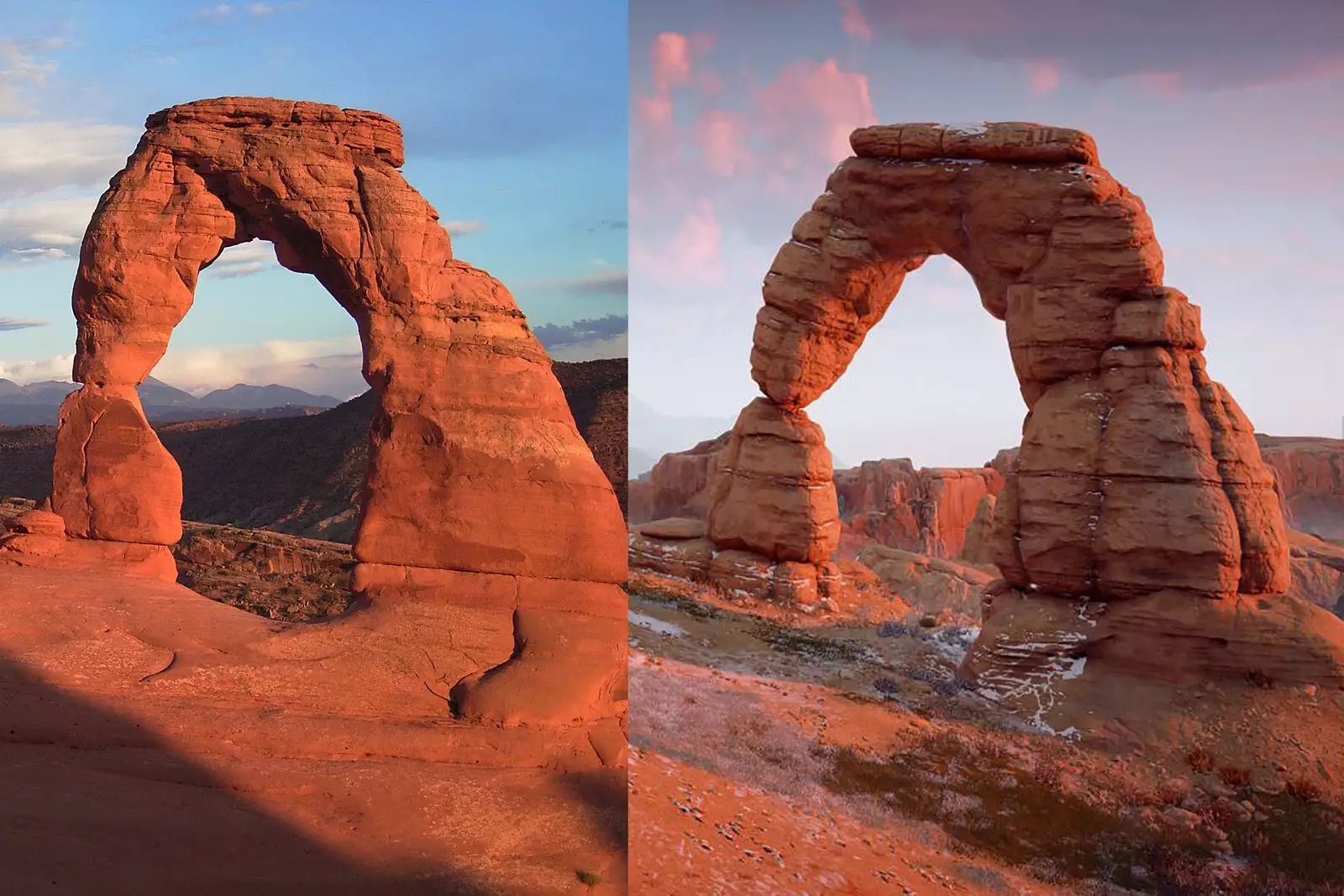 On the left the Delicate Arch. On the right the same arch in 'Horizon Zero Dawn.