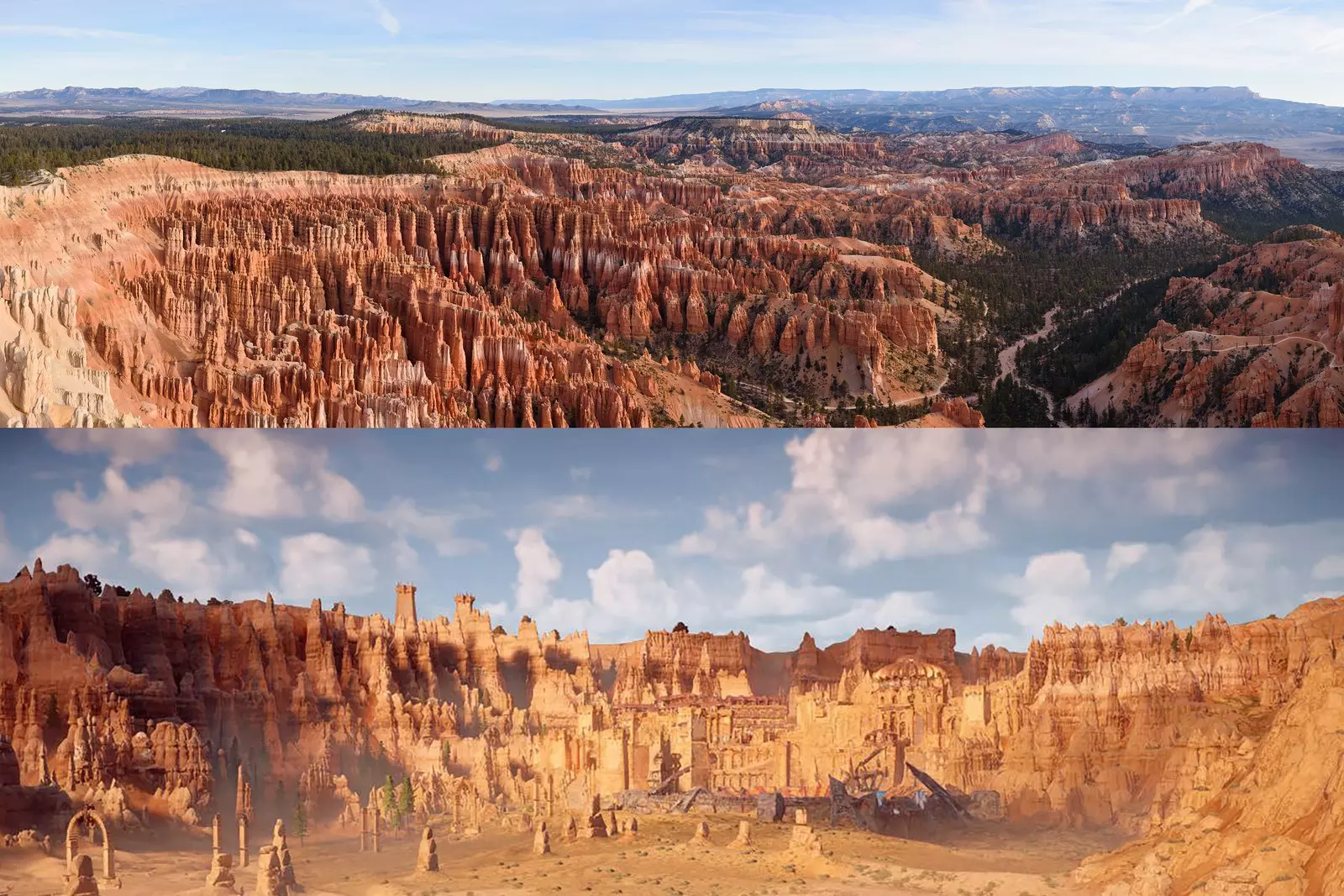 Ovanför amfiteatern i Bryce Canyon. Under Skymning bland samma hoodoos.