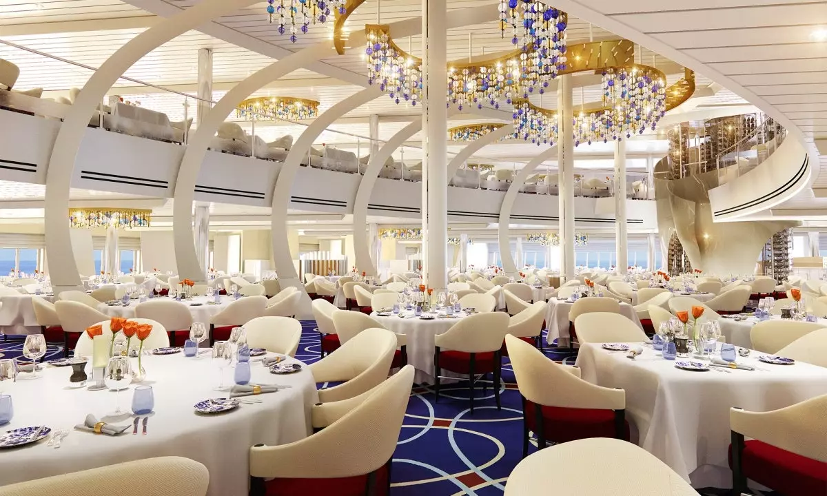 Restoran biru dan putih di kapal pesiar Holland America Line Rotterdam