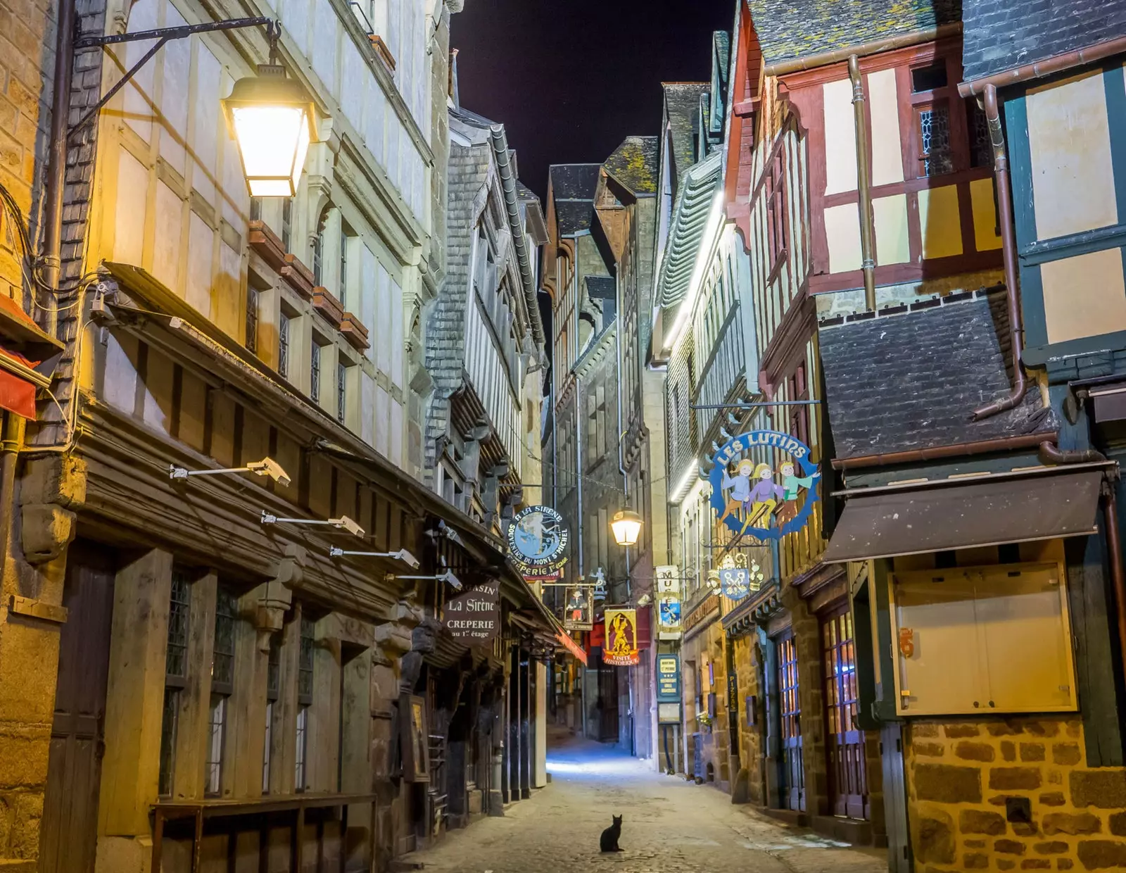 La zona comercial del MontSaintMichel a la nit