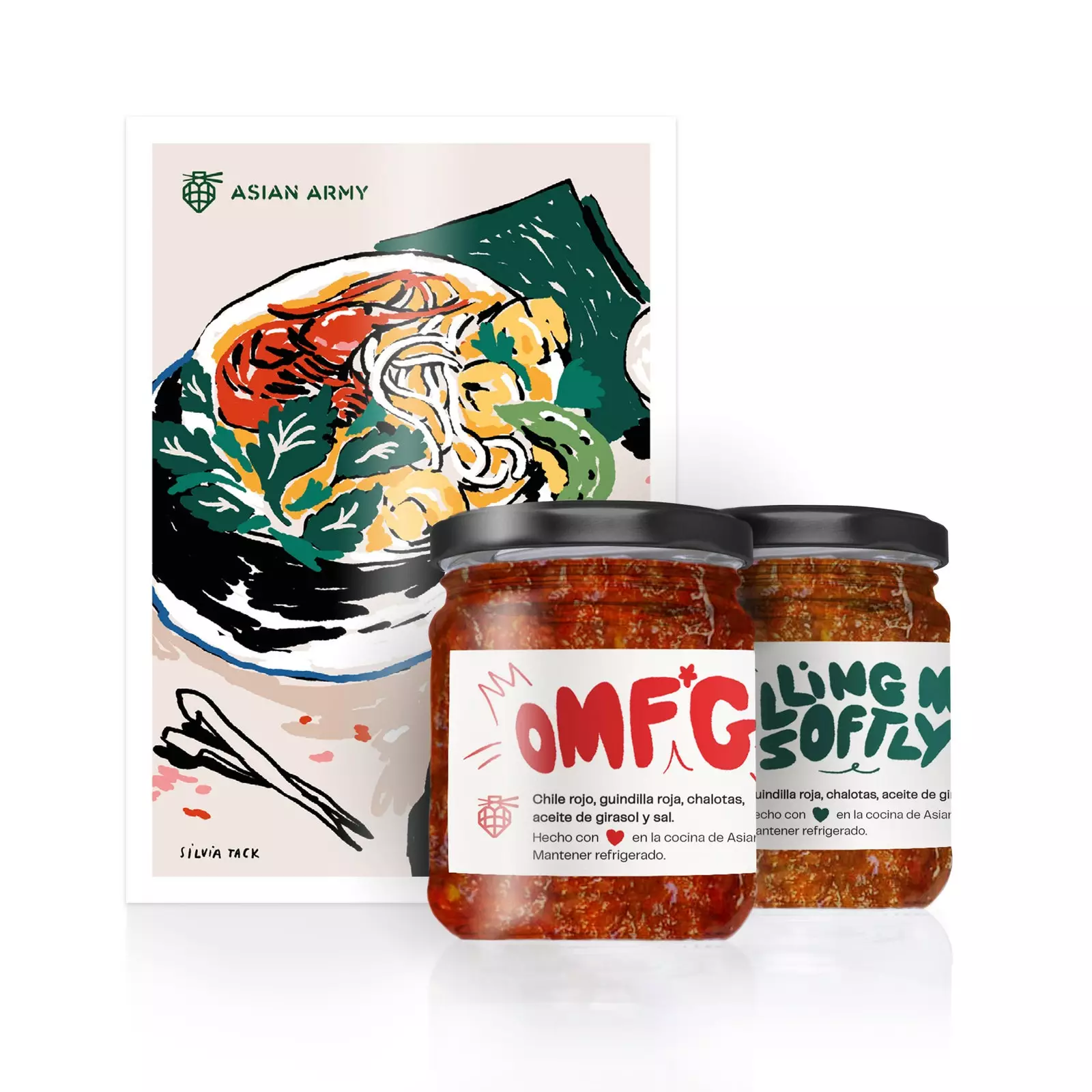 Sauces Sambal et cartes postales une collaboration entre Asian Army et l'illustratrice Silvia Tack