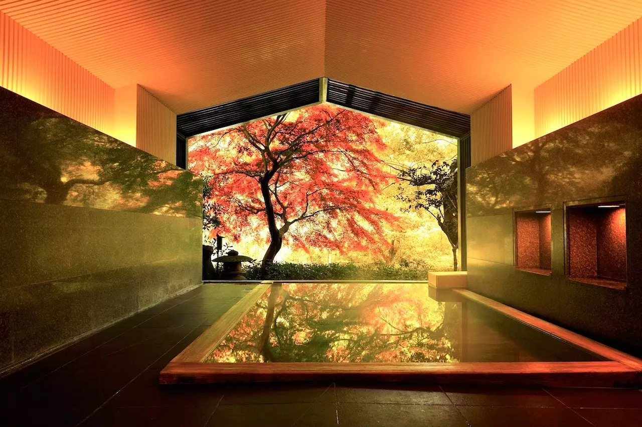 One of the bath rooms at the KAI Hakone ryokan in a forest by the Sukumo River.