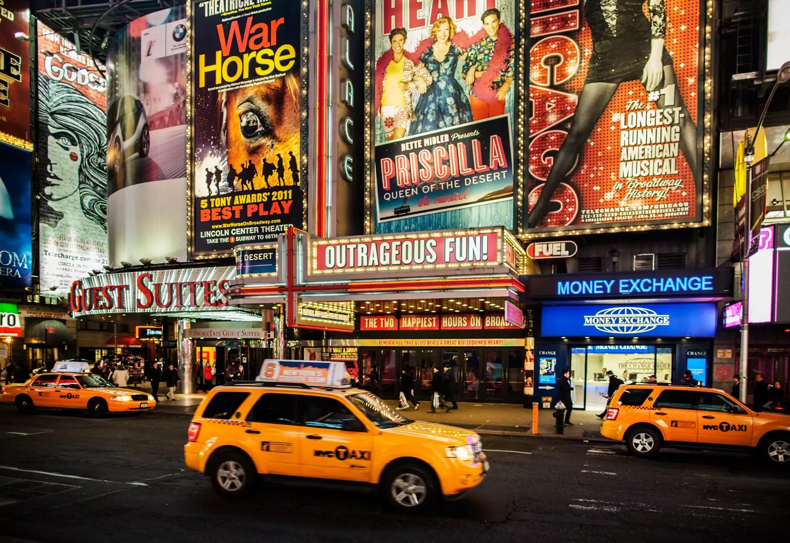 Broadway illuminated musical billboards in New York.