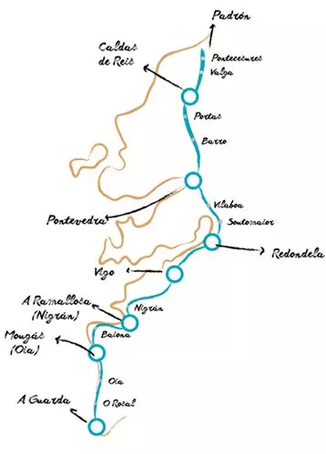 Mappa delle tappe del Cammino Portoghese lungo la costa