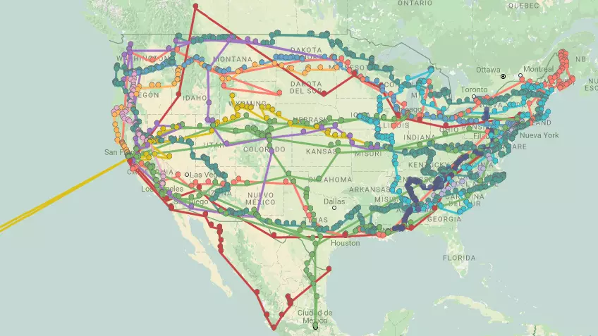 Interaktiivinen kartta, joka havainnollistaa amerikkalaisen kirjallisuuden parhaat "road trips".