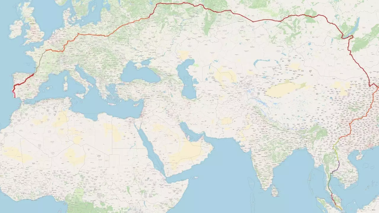 Táto mapa zobrazuje trasu najdlhšej vlakovej trasy na svete z Portugalska do Singapuru!