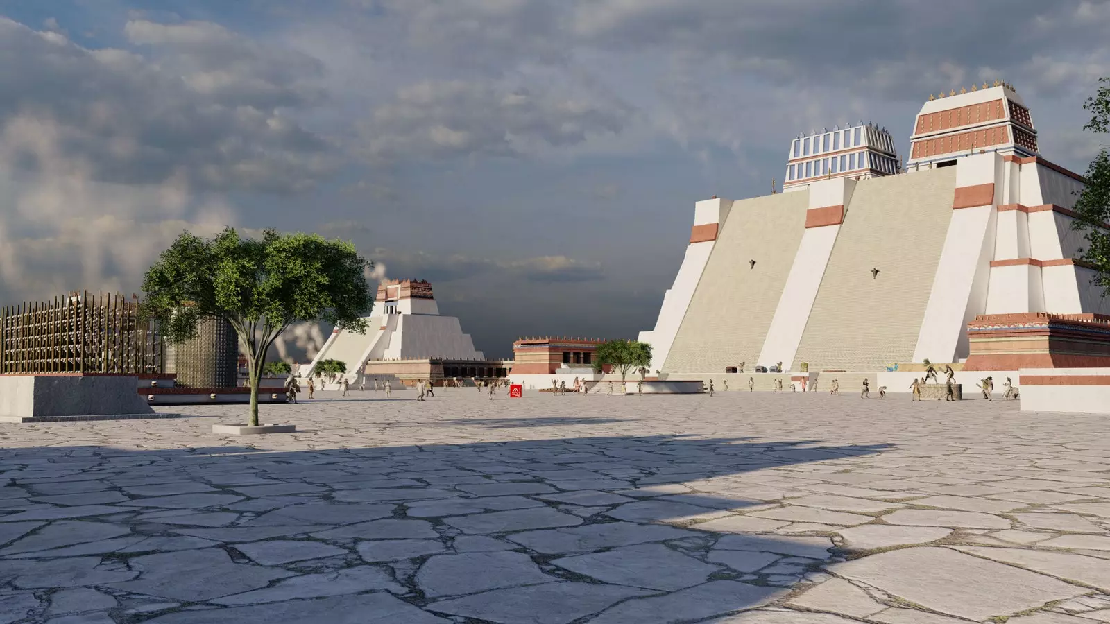 Templo Mayor og Tzompantli i Tenochtitlan.