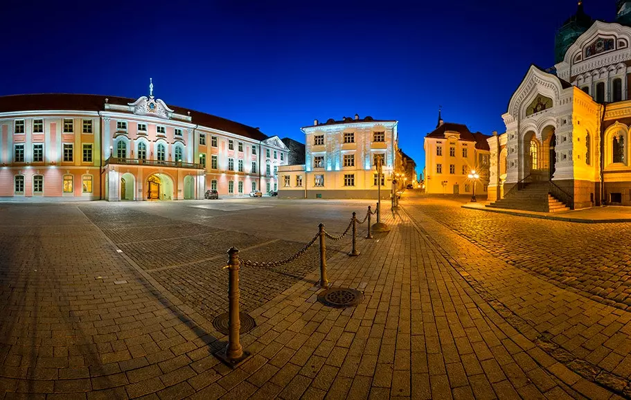 On the left the pink castle on the right the Orthodox cathedral