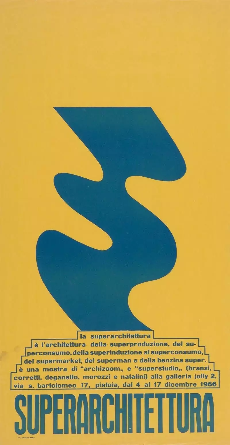 Poster untuk 'Superarchitettura' pameran bersama Superstudio dan Archizoom pada tahun 1966