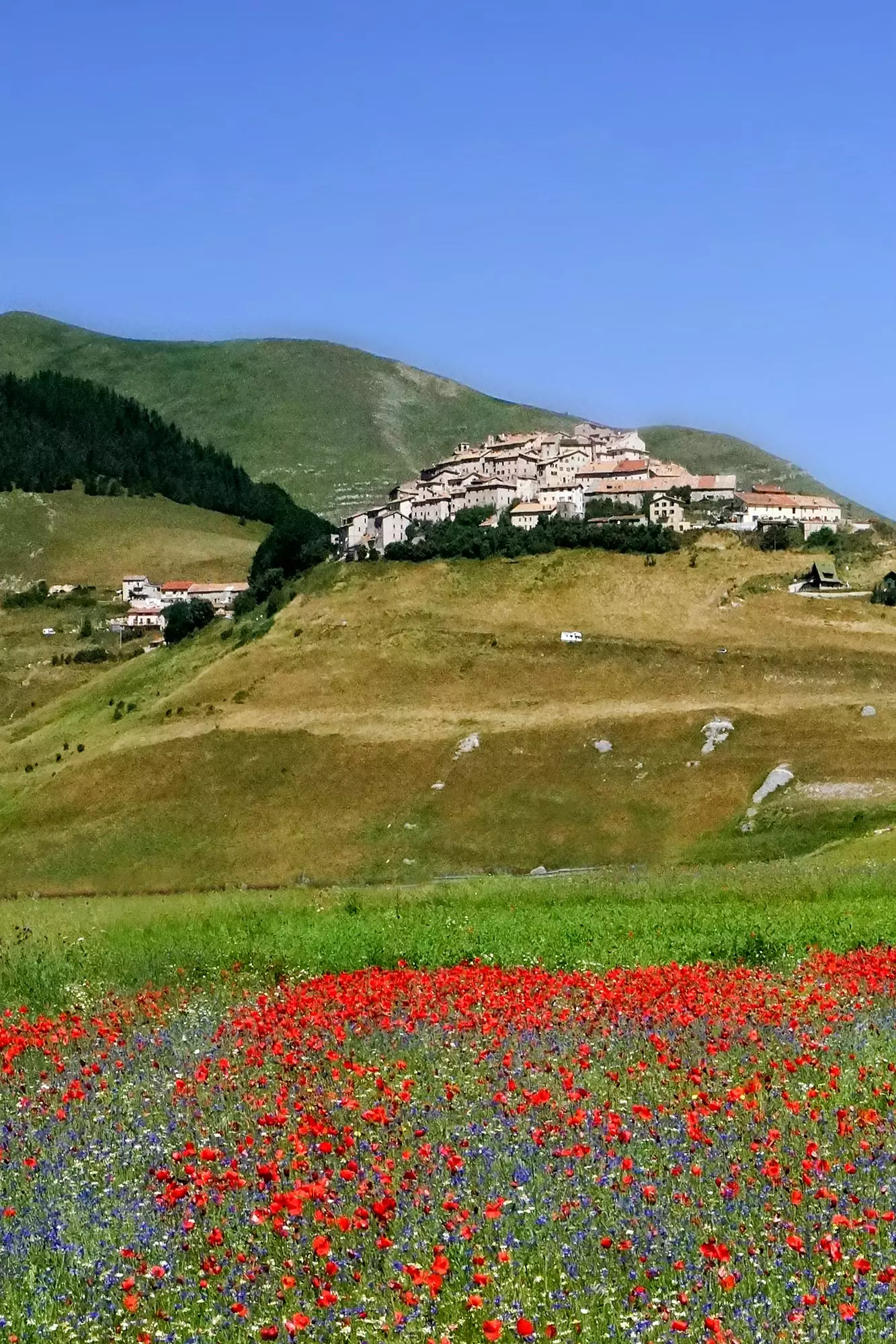 Satul Castelluccio pe vârful dealului.