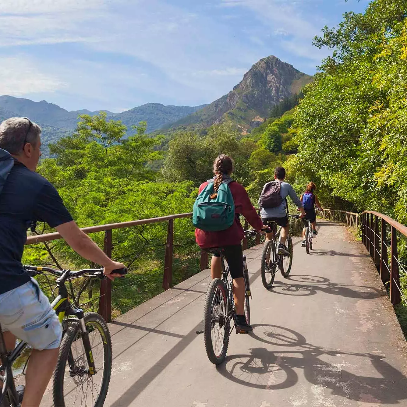 asturiyada ayı yolu ilə keçən velosipedçilər