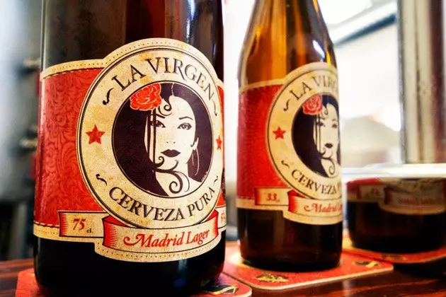 La Virgen craft beer with a chulapa of cheerful life on the label