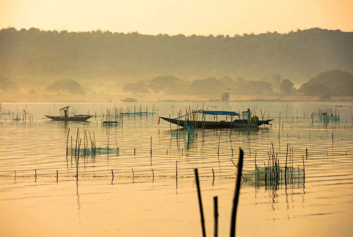 Boat crosses the golden water of Odisha.