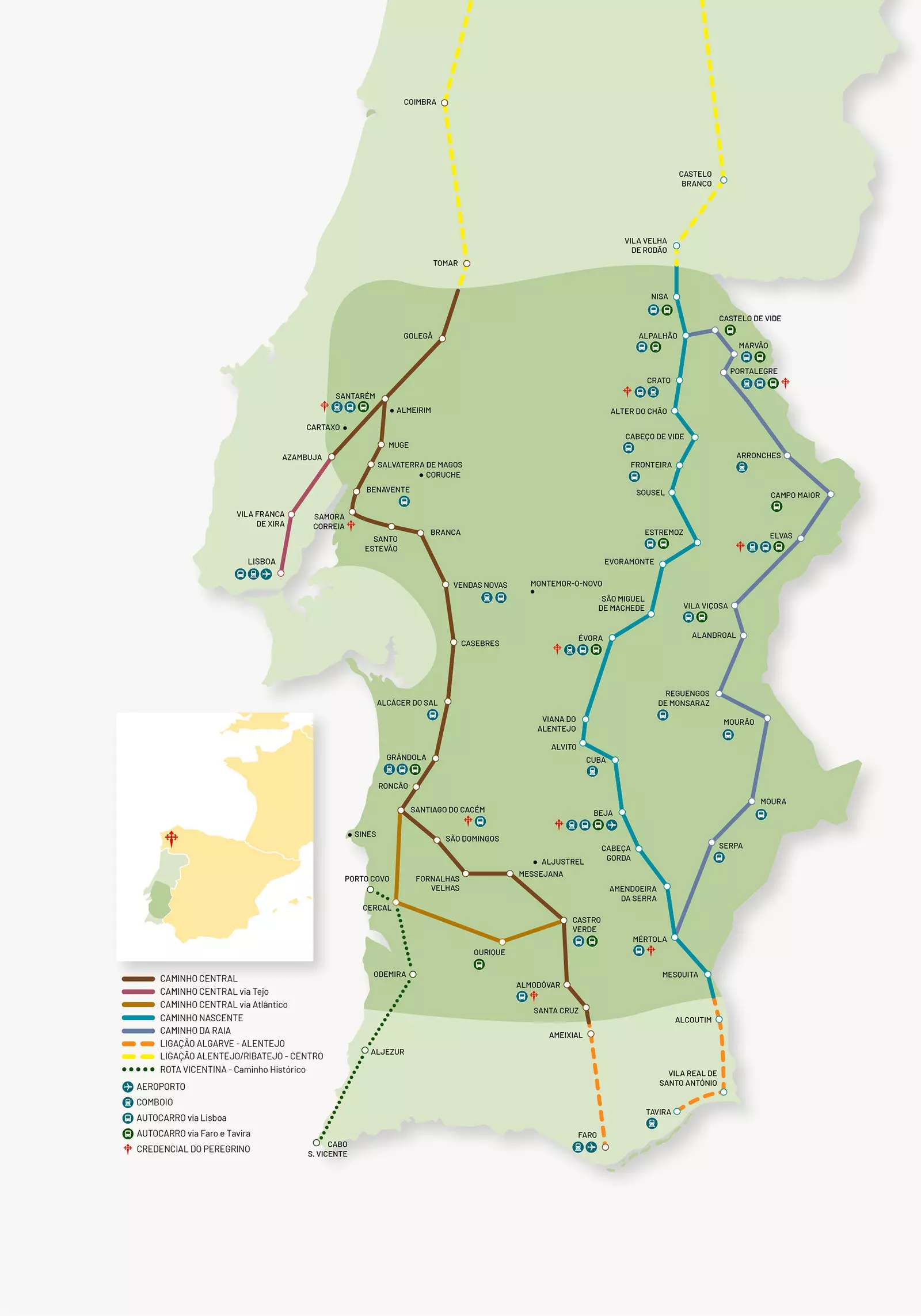 Trijų naujų takų, vedančių į Santjago de Kompostelą, žemėlapis