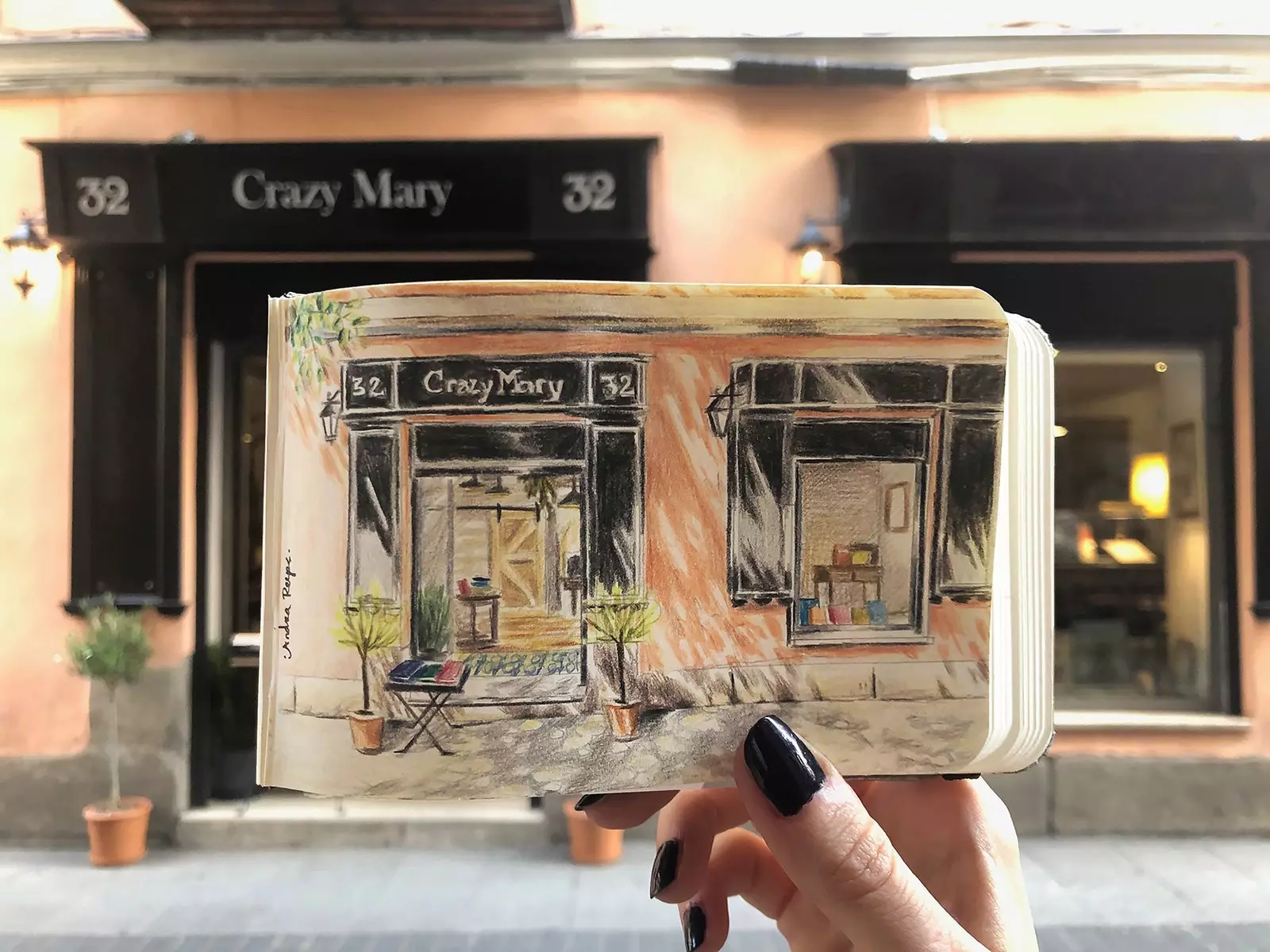 Ilustrație a librăriei Crazy Mary din Madrid realizată de Andrea Reyes