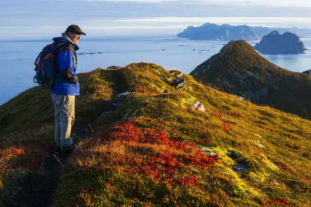 Wandelaar geniet van de zonsopgang op de Lofoten-eilanden.