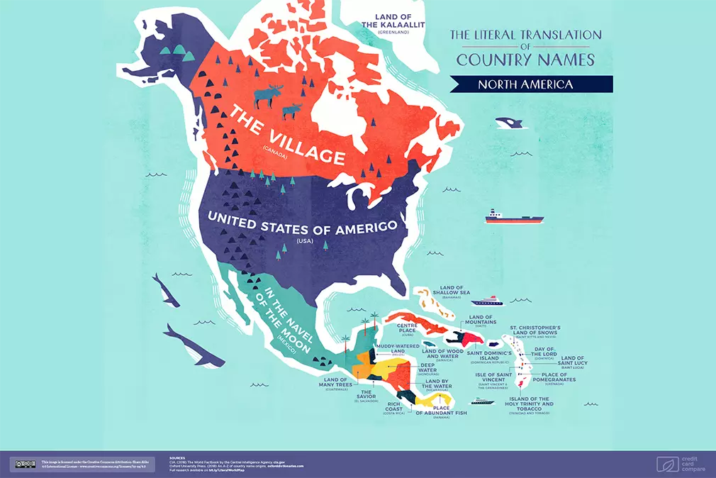 Nomes de significados do mapa da América do Norte