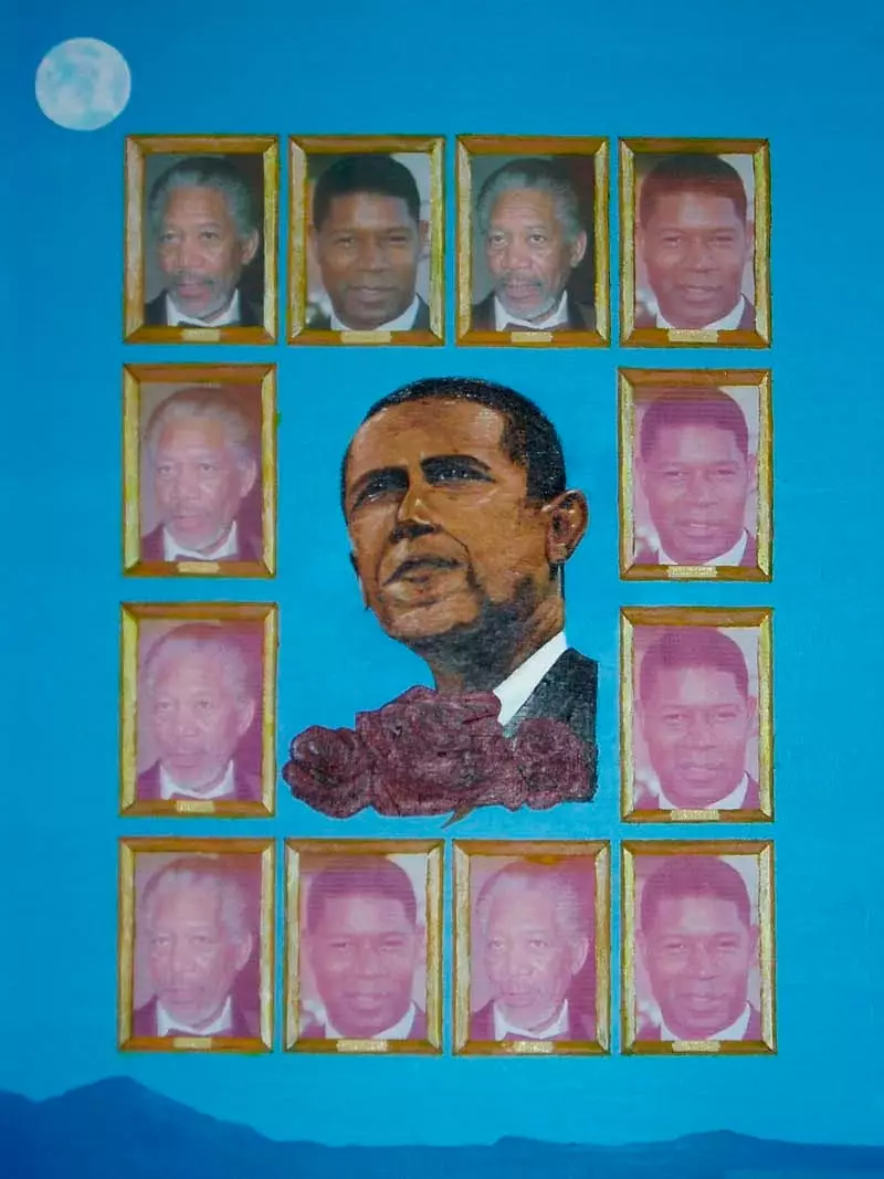 "Le président Obama" d'Andrea Estrada. Photographies et huile sur toile. Offert par l'artiste