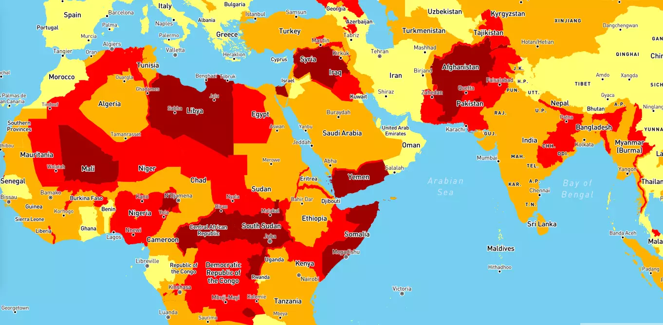 Líbia, Mali, República Centro-Africana, região nordeste da Nigéria, Sudão, Somália, Iêmen, Síria, Iraque, Afeganistão e o...