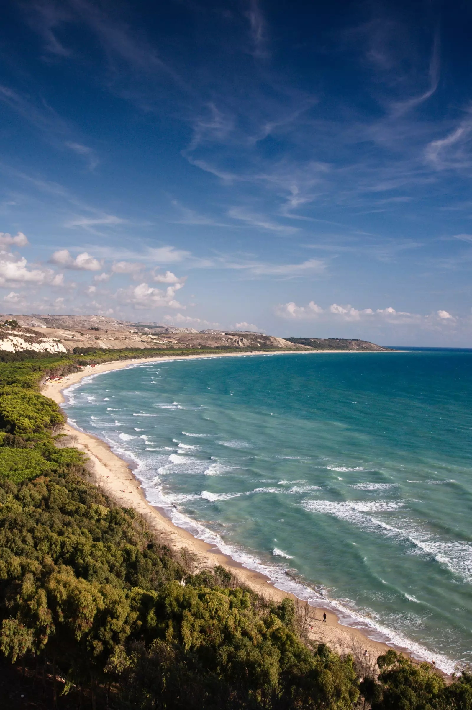 Beach next to a forest with cliffs in the background