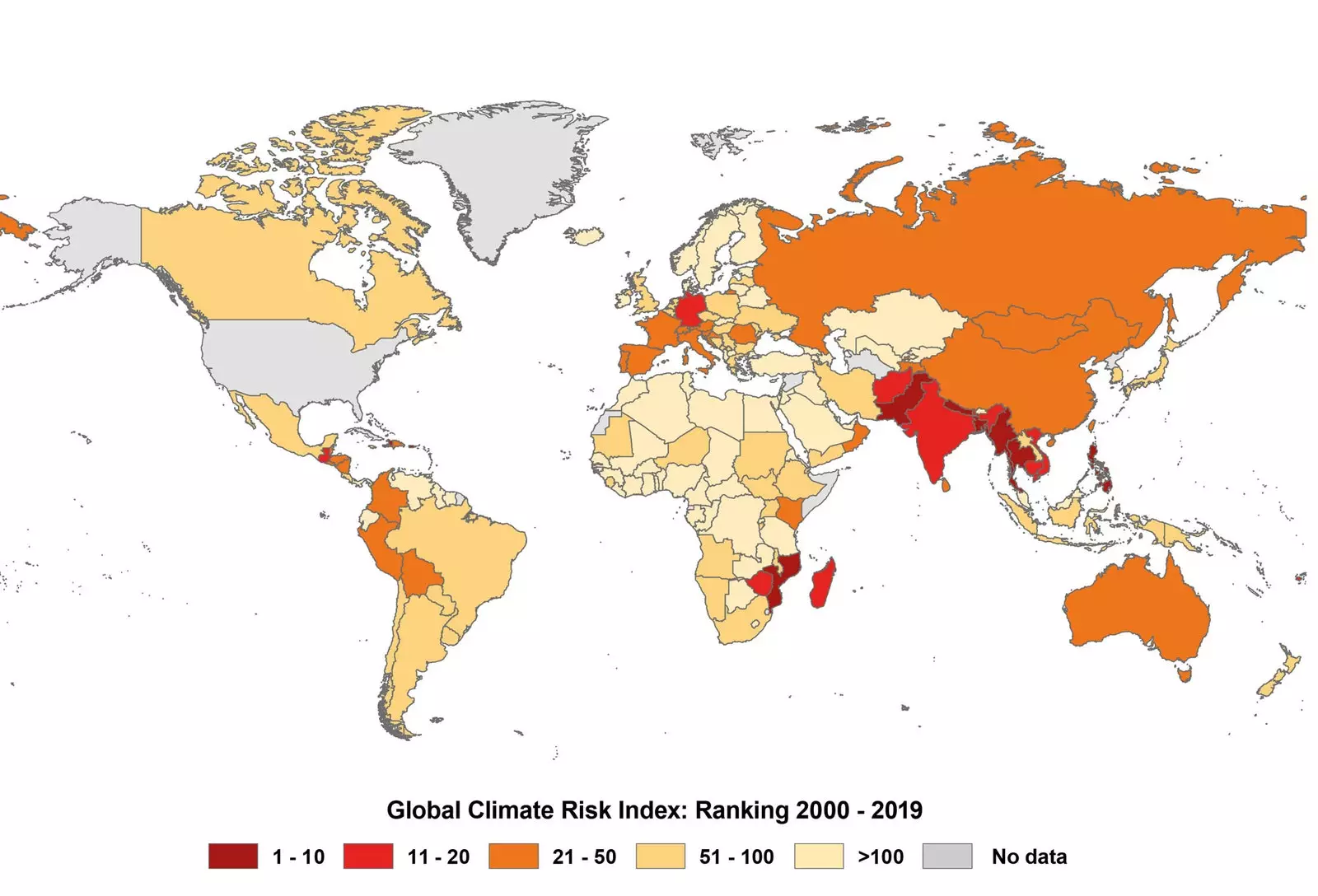 Wereldwijde klimaatrisico-index voor de jaren 2000-2019