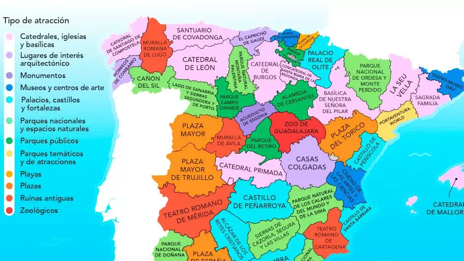 La mappa dell'attrazione turistica più popolare in ogni provincia della Spagna