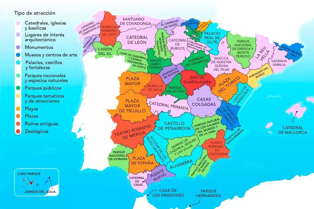 O mapa das atrações turísticas mais populares na Espanha